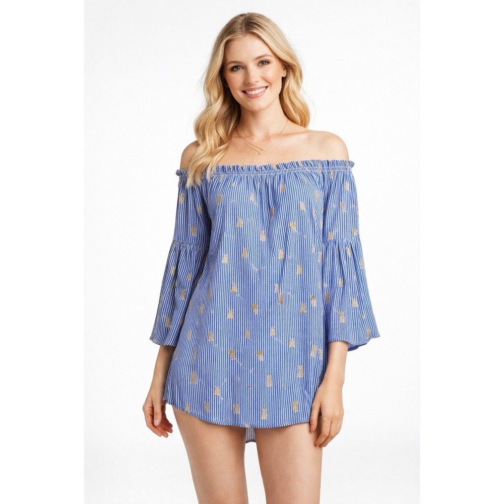 Solitaire Swim Cover Up Womens L Fairy Stripe Pineapple Off Shoulder Beach